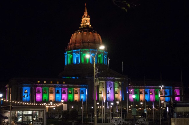 Night of Ideas SF 2019. The colors of Night of Ideas on San Francisco City Hall. 