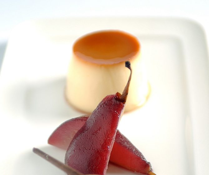 Crème Caramel with Red Wine Pears
