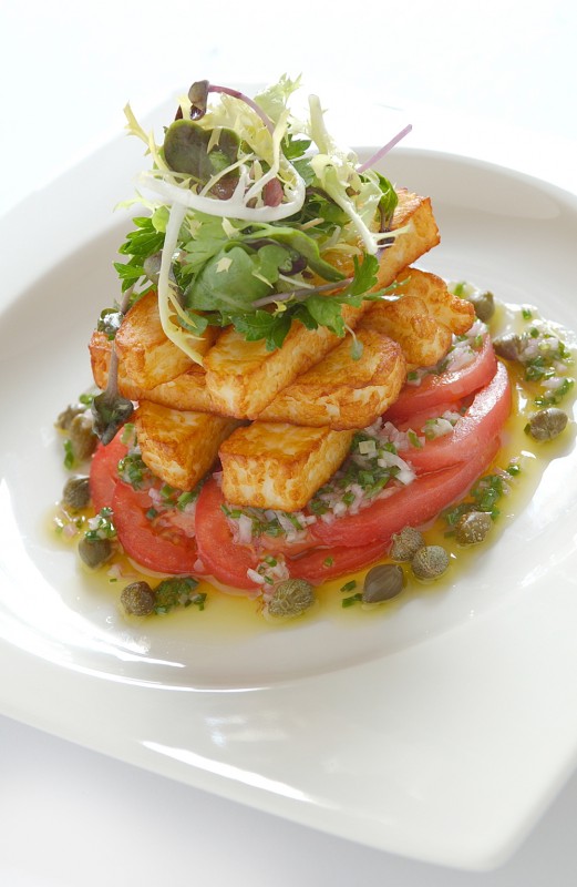 Deep-fried Haloumi Cheese, with Tomato & Onion Salad & Capers
