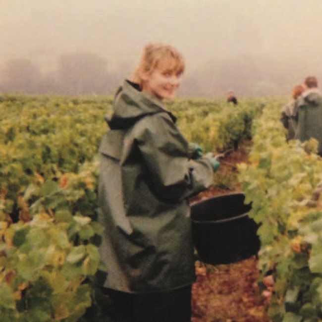 Helping with the harvest on her first visit to France in 1998